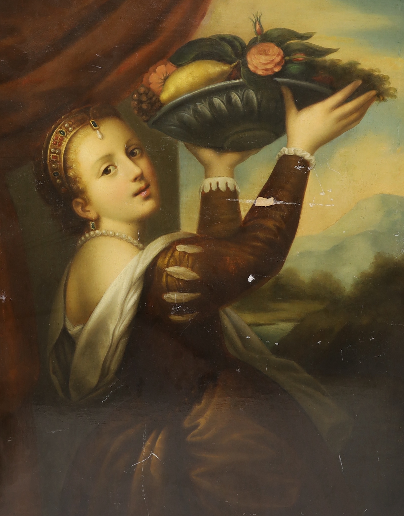 Circle of Giuseppe Mazzolini (Italian, 1806-1876), oil on canvas, Woman holding aloft a bowl of fruit, 72 x 58cm, unframed